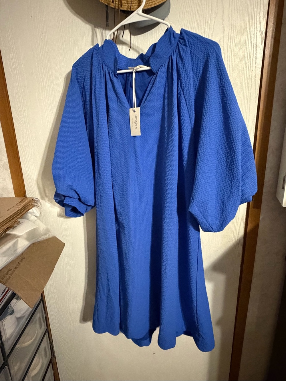 Umgee Royal Blue Textured Waffle Knit Split Neck Puff Sleeve Mini Dress XL NWT
